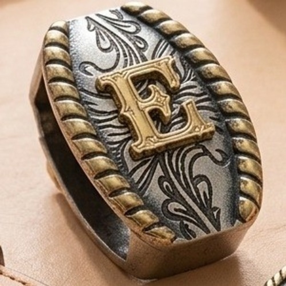 Western Initial E Belt Slide Keeper Two Tone Floral Scroll Rope Edge Oval